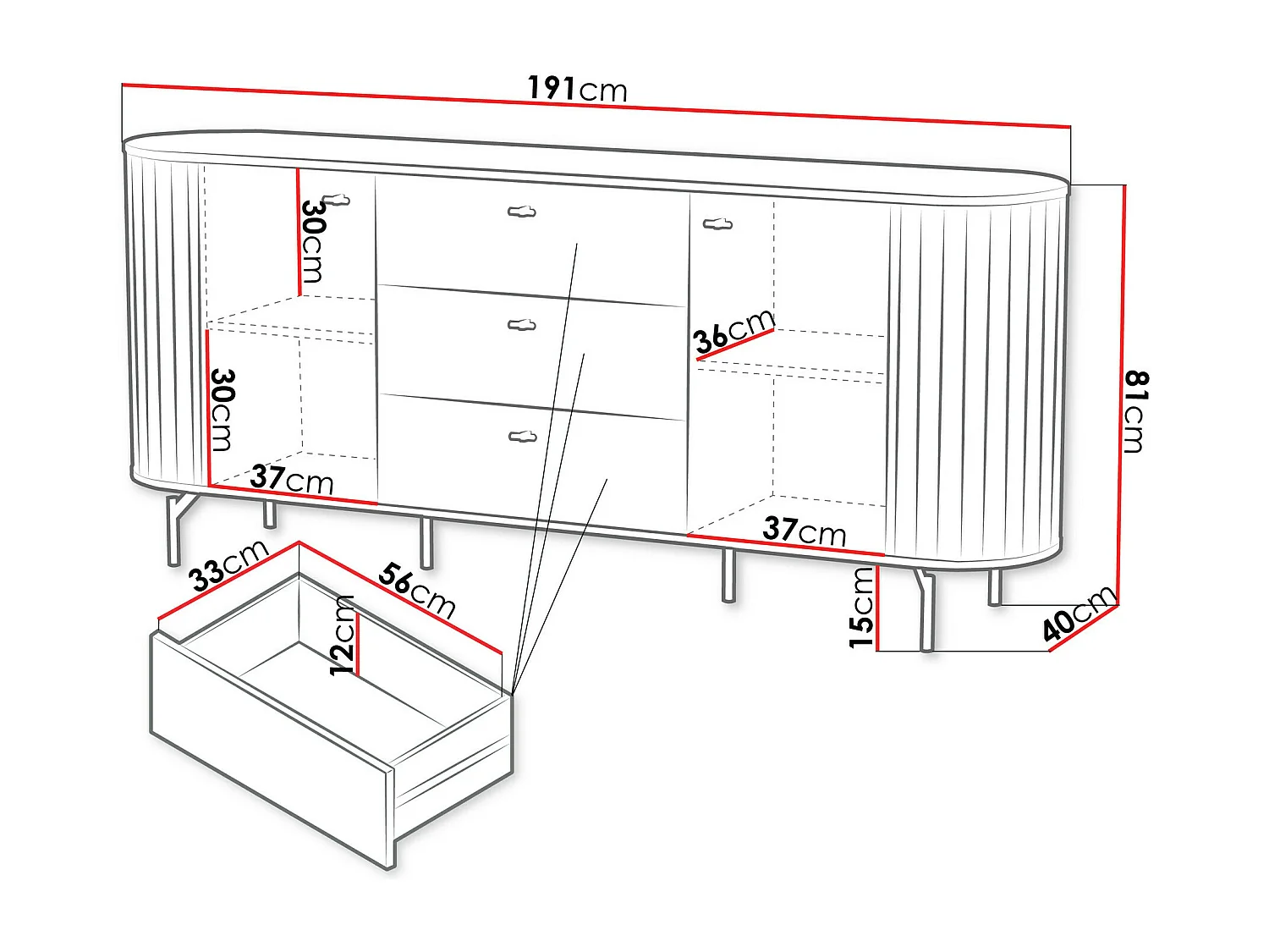Commode Novmono 103, Noir, Tiroirs et portes, 81x191x40cm