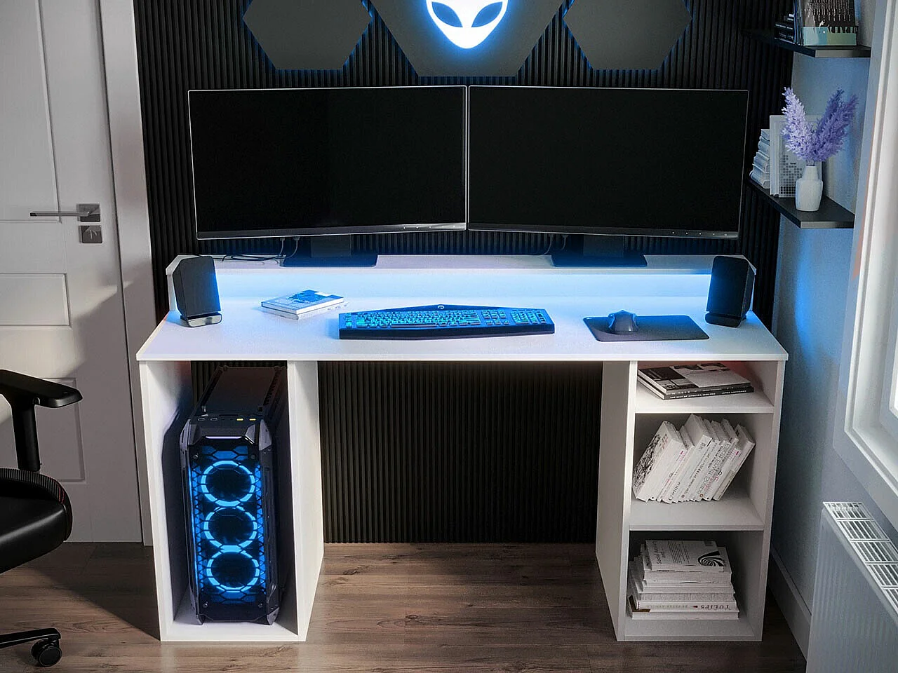 Bureau de gaming Lila, 78x138x48cm, Blanc