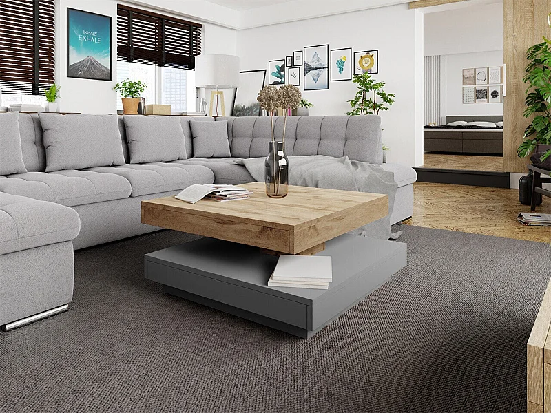 Table basse transformateur Comfivo 385, Graphite|Chêne wotan, 34x70x70cm, Stratifié