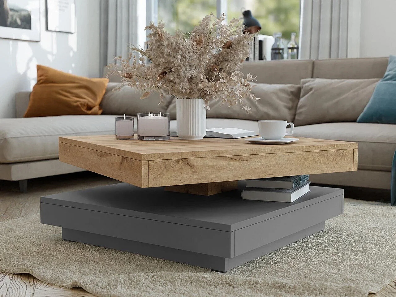 Table basse transformateur Comfivo 385, Graphite|Chêne wotan, 34x70x70cm, Stratifié