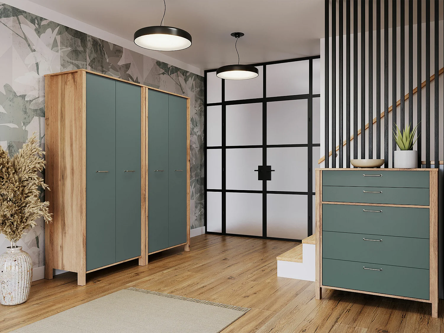 Armoire Venmelu 112, Chêne wotan|Vert, 199x90x53cm, Portes d'armoire: Avec des charnières