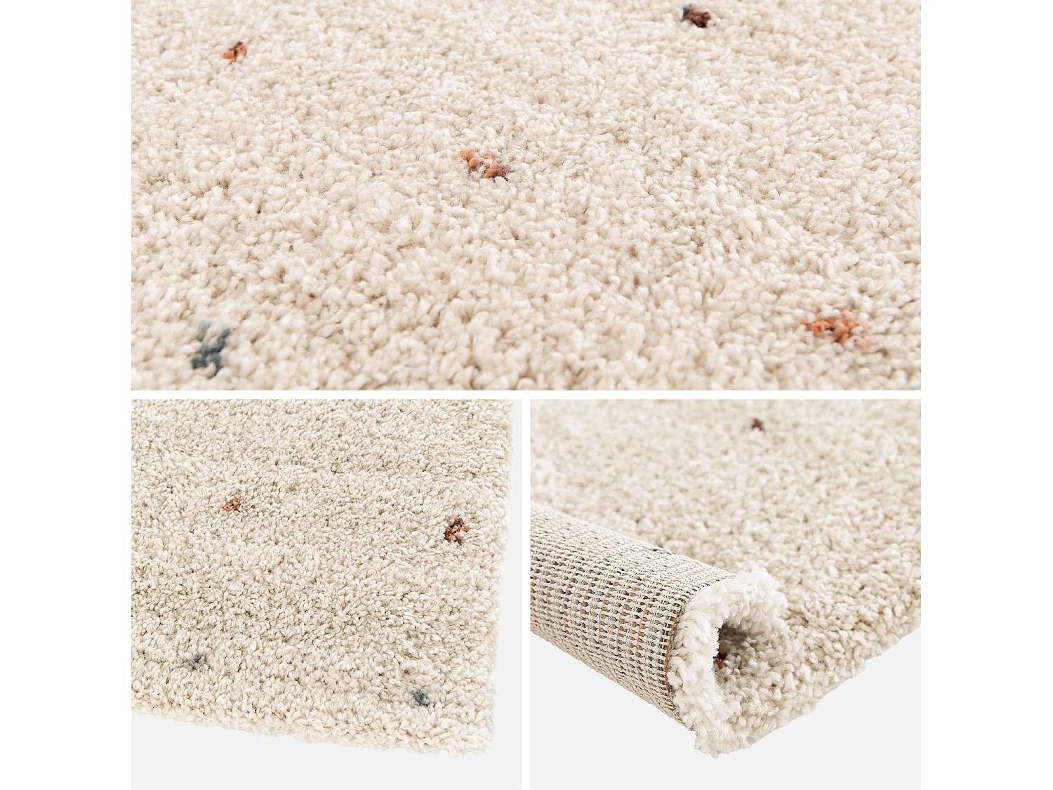Tapis enfant à petits pois 80x150cm tapis intérieur crème et multicolore. poils longs shaggy