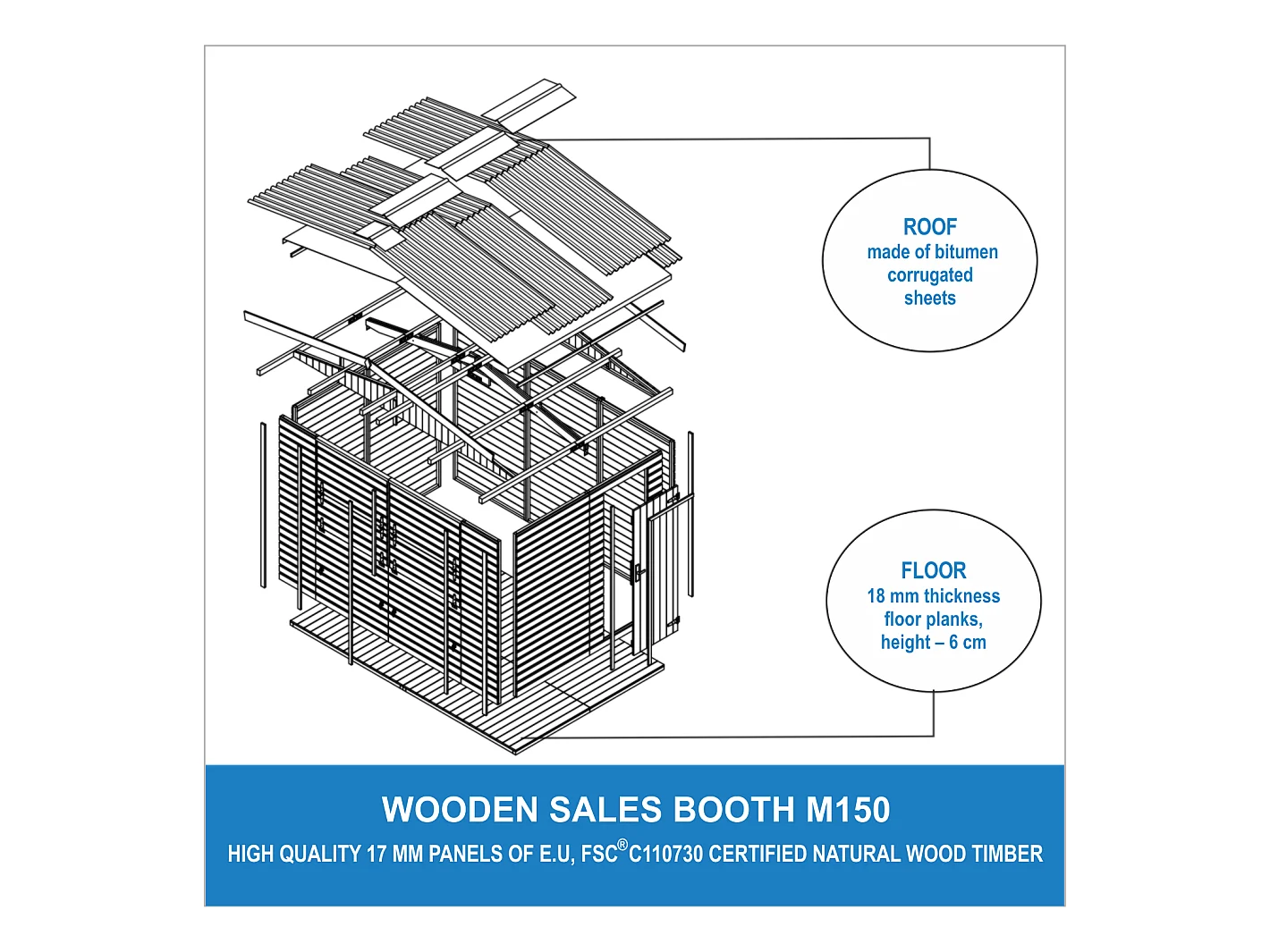 TIMBELA M150 Holz Gartenhaus, Marktbude Holz , ZWEI FENSTER - 200x300/6 m2