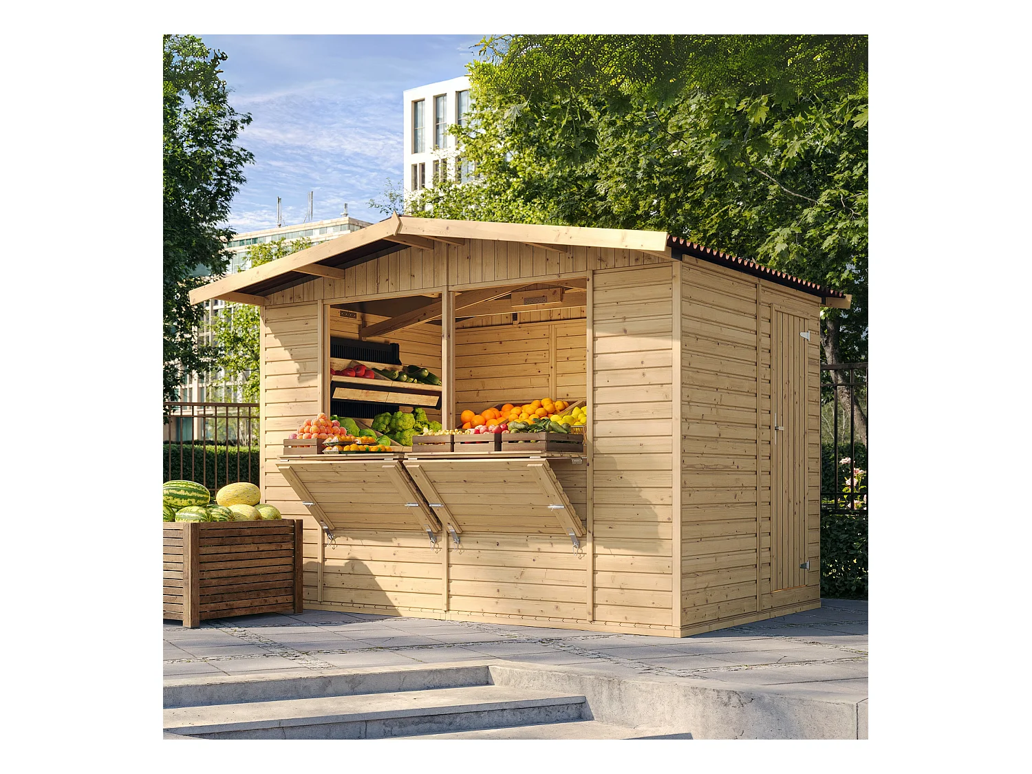 TIMBELA M150 Maison de jardin en bois, Étal de marché en bois H232x336x263 cm/6m2