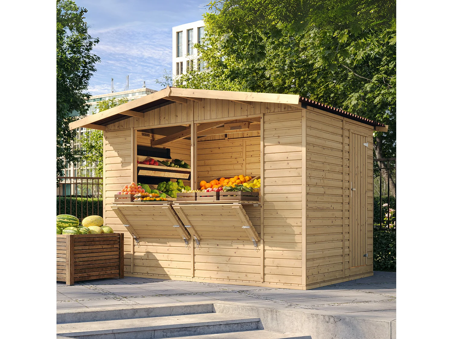 TIMBELA M150 Maison de jardin en bois, Étal de marché en bois H232x336x263 cm/6m2