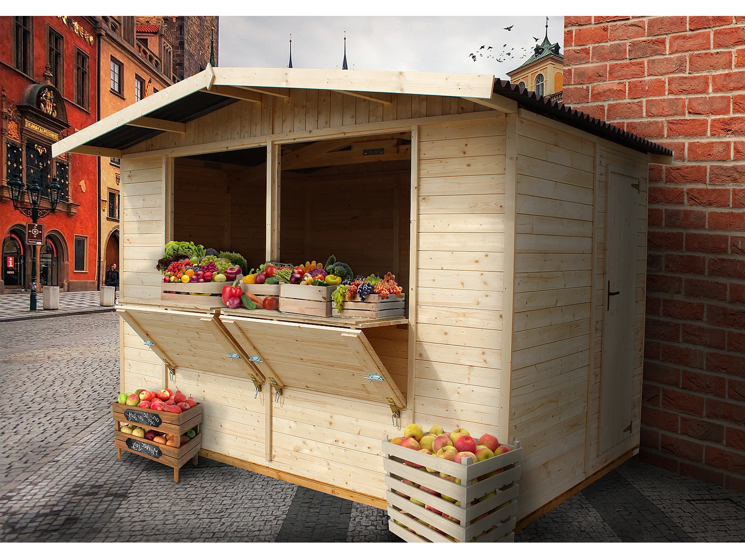 Holz gartenhaus, marktbude holz, zwei fenster - 200x300 cm / 6 m² - M150