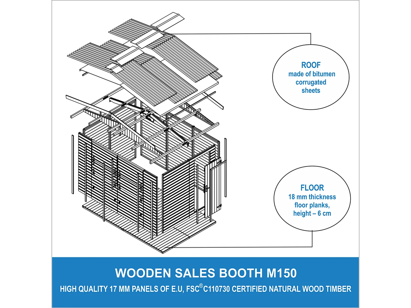 Wooden Market Stall - 6 m² / 263 x 336 x H232 cm - M150