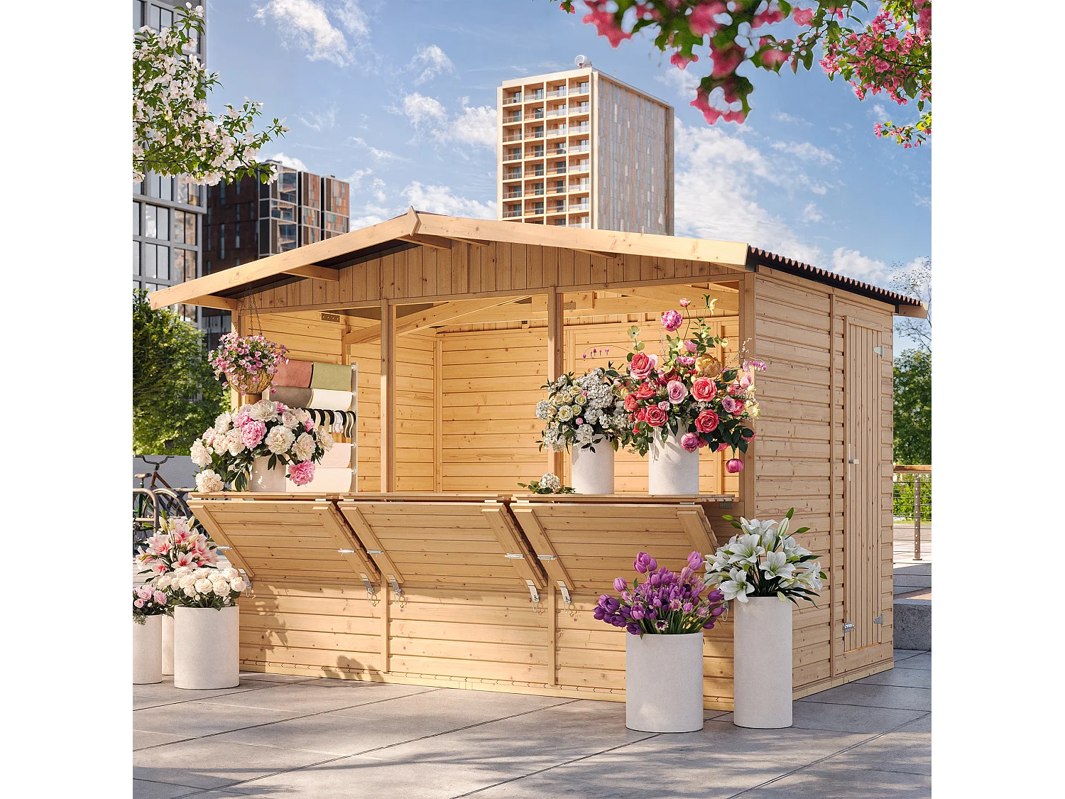 TIMBELA M150A Maison de jardin en bois, Étal de marché en bois H232x336x263 cm/6m2