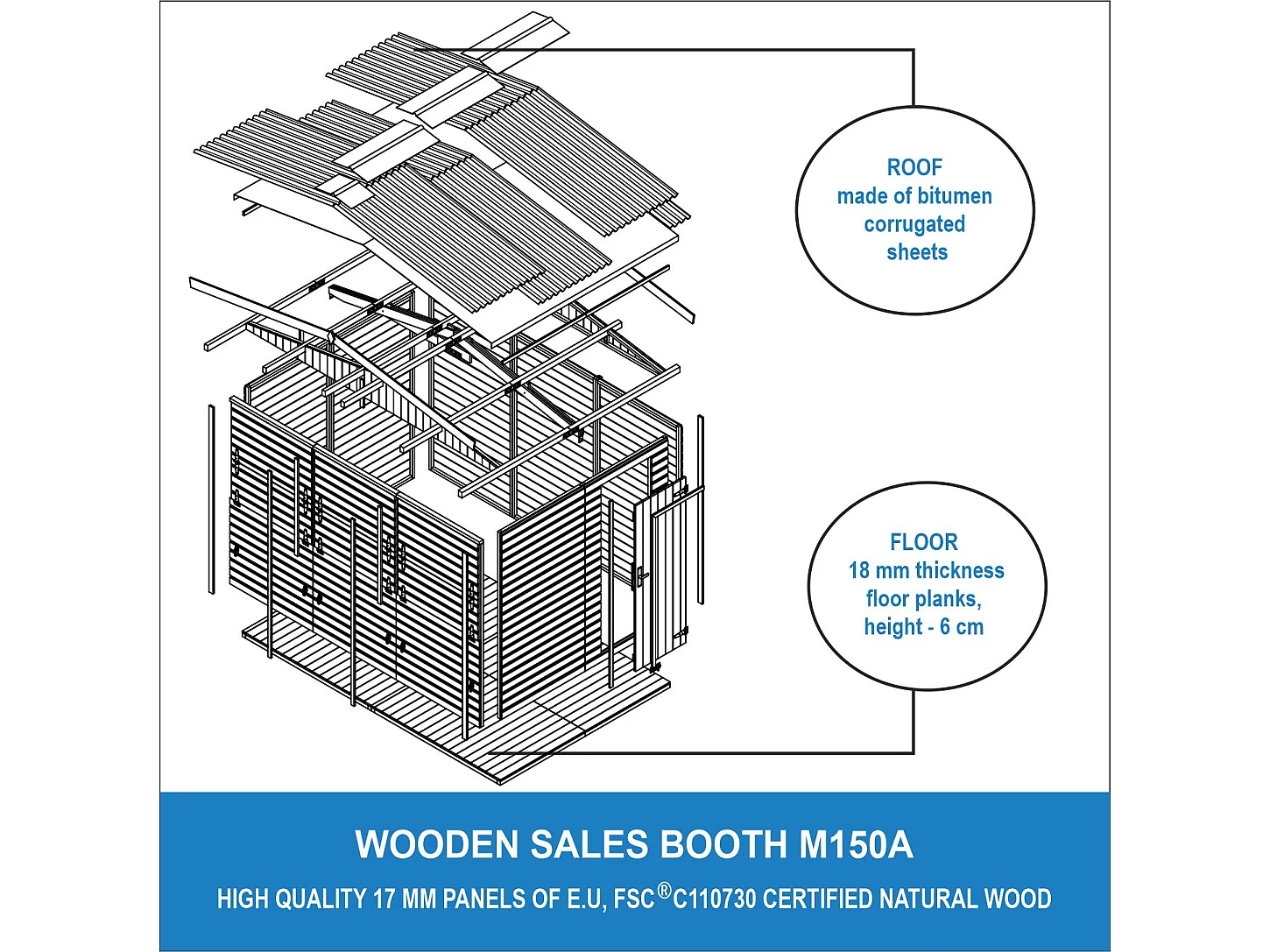 Holz gartenhaus, marktbude holz, drei fenster -  200x300 / 6 m² - M150A