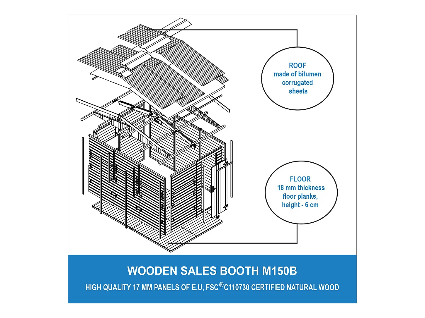 TIMBELA M150B Holz Gartenhaus, Marktbude Holz, FÜNF FENSTER - 200x300/6 m2