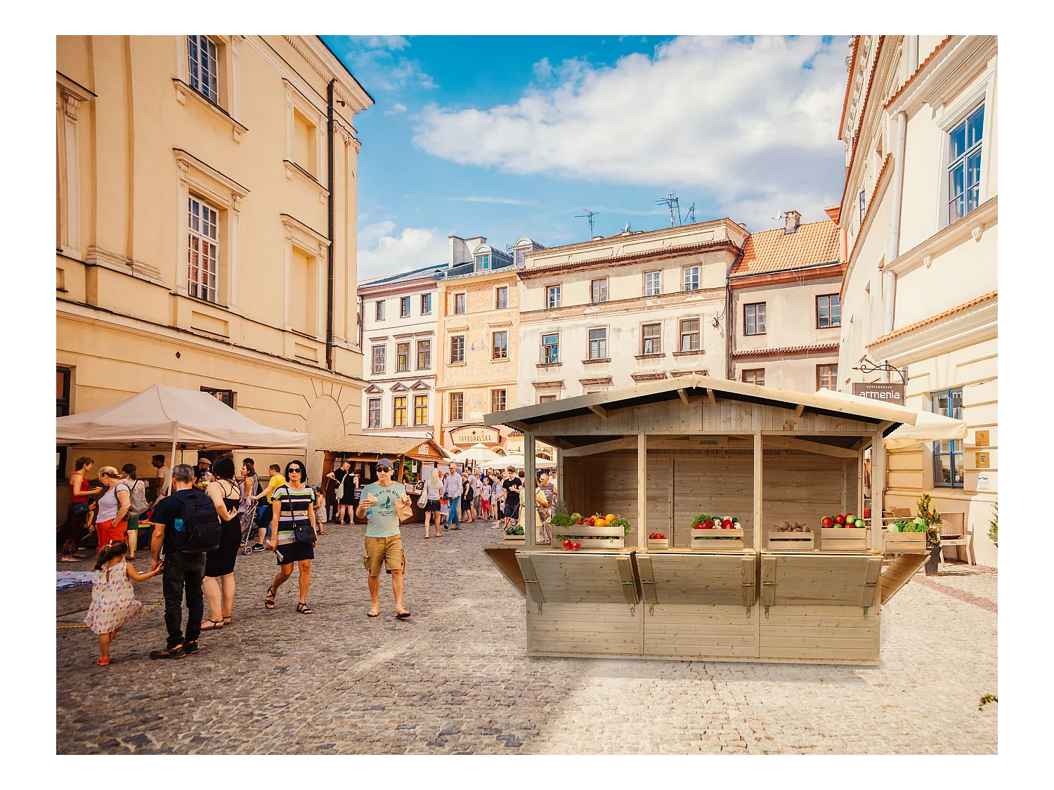 TIMBELA M150B Holz Gartenhaus, Marktbude Holz, FÜNF FENSTER - 200x300/6 m2