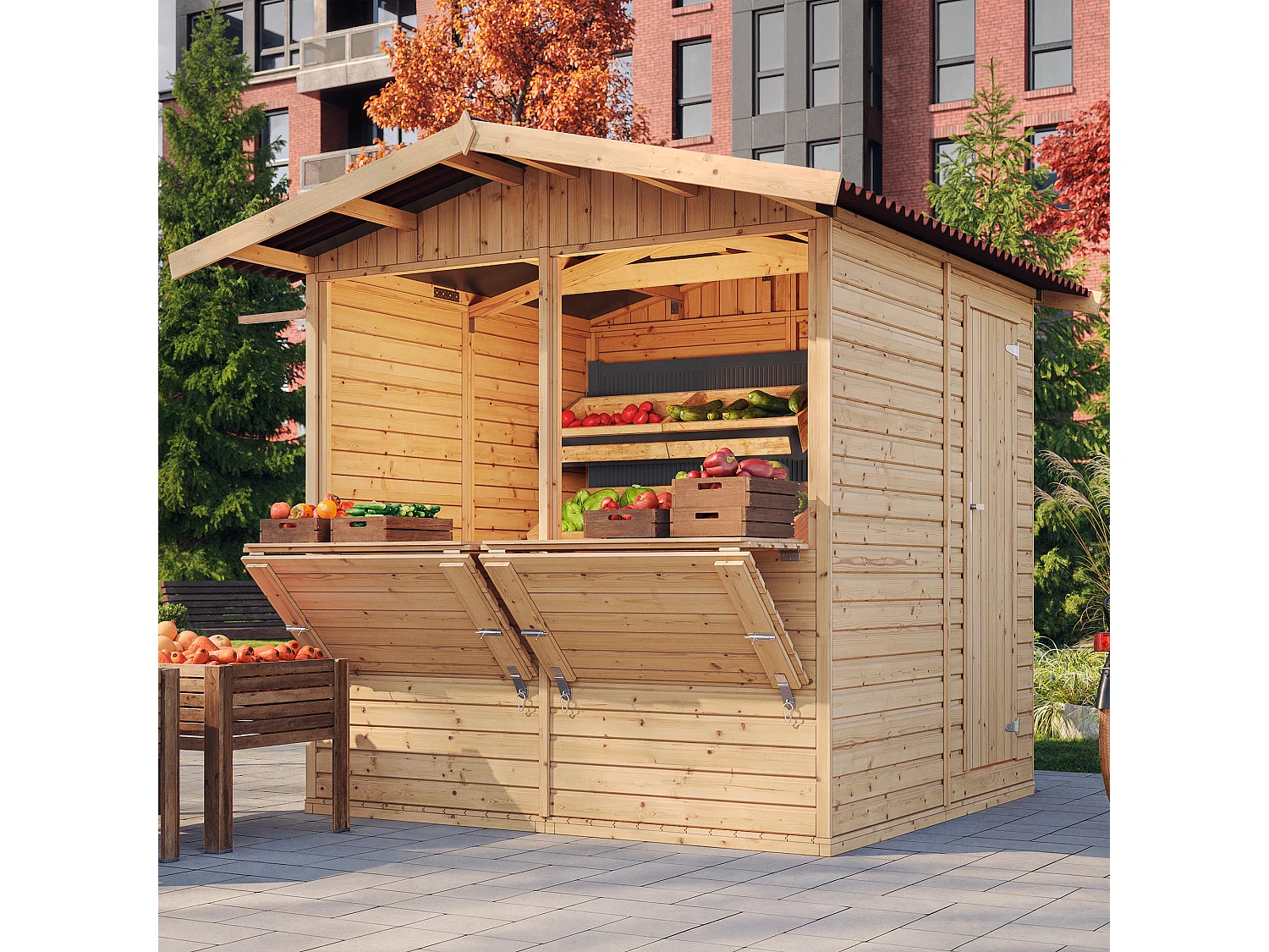 TIMBELA M149 Maison de jardin en bois, Étal de marché en bois H232x253x263 cm/4 m2