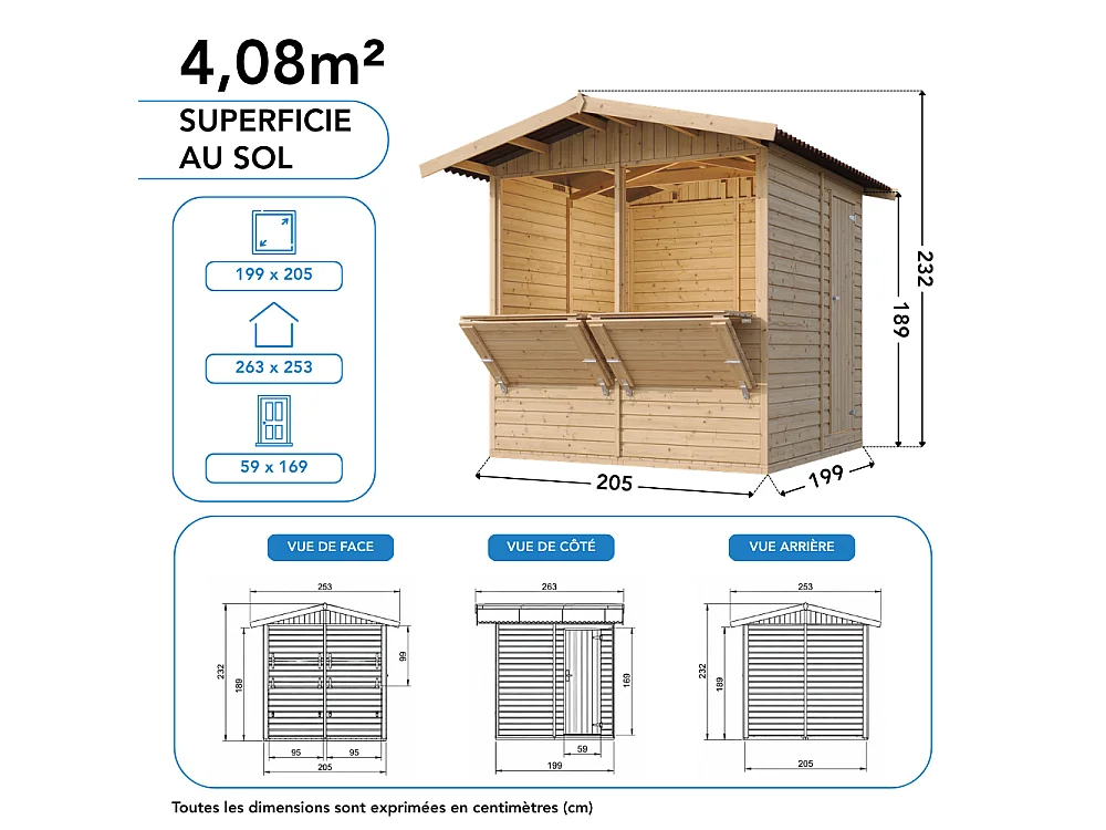 Kiosque en bois - 4 m² - 263x253xH232 cm - avec 2 fenêtres de vente - M149
