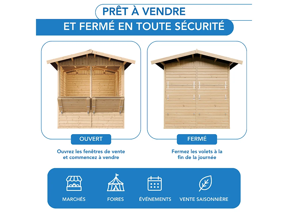 Kiosque en bois - 4 m² - 263x253xH232 cm - avec 2 fenêtres de vente - M149