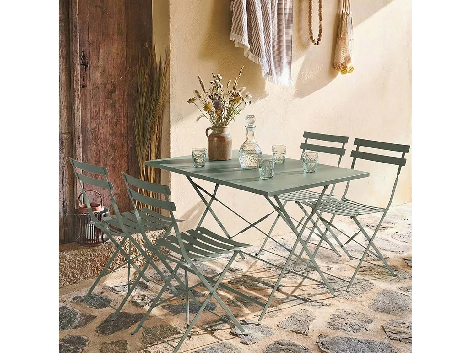 Set mesa de jardín bistró plegable de acero con 4 sillas, 110cm verde