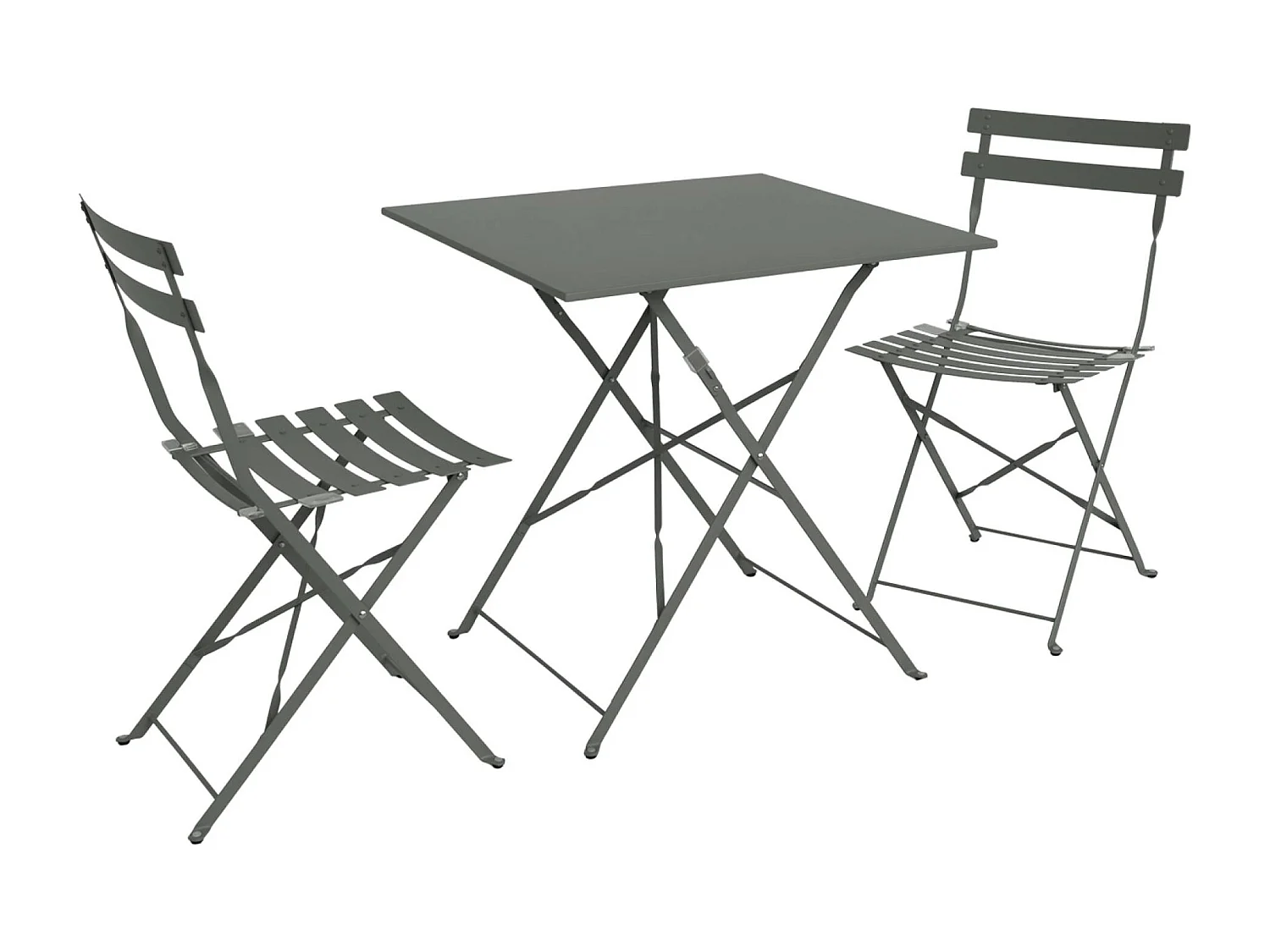 Table de jardin bistrot pliante métal + 2 assises kaki 70 x 70cm. acier thermolaqué