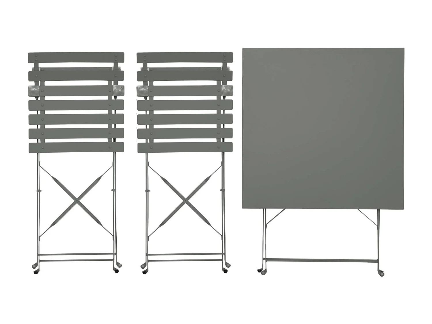 Table de jardin bistrot pliante métal + 2 assises kaki 70 x 70cm. acier thermolaqué