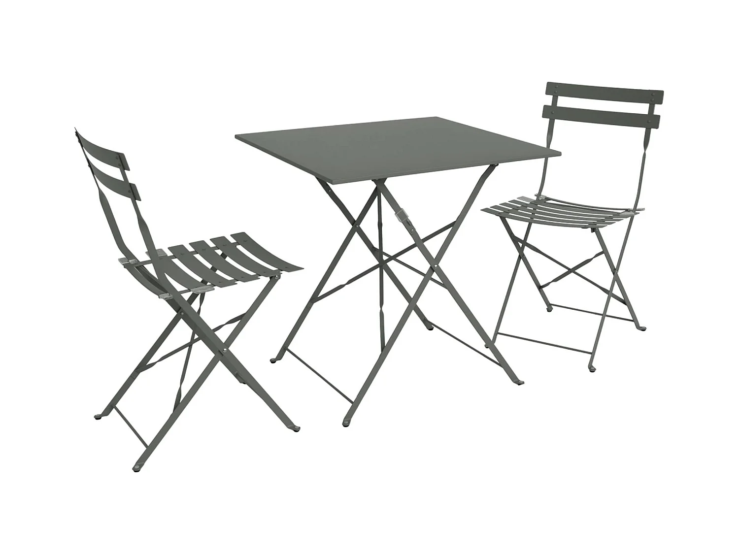 Table de jardin bistrot pliante métal + 2 assises kaki 70 x 70cm. acier thermolaqué