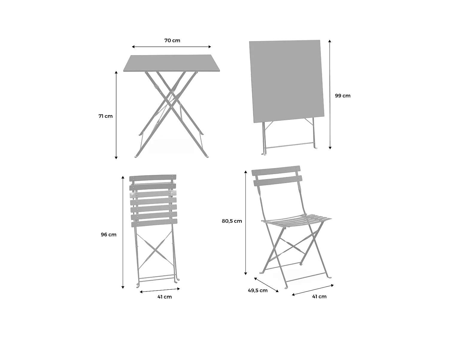 Tavolo da giardino bistrot pieghevole in metallo con 2 sedie, 70x70cm,