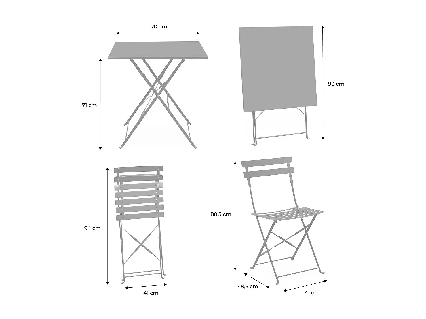 Tavolo da giardino bistrot pieghevole in metallo con 2 sedie, 70x70cm,