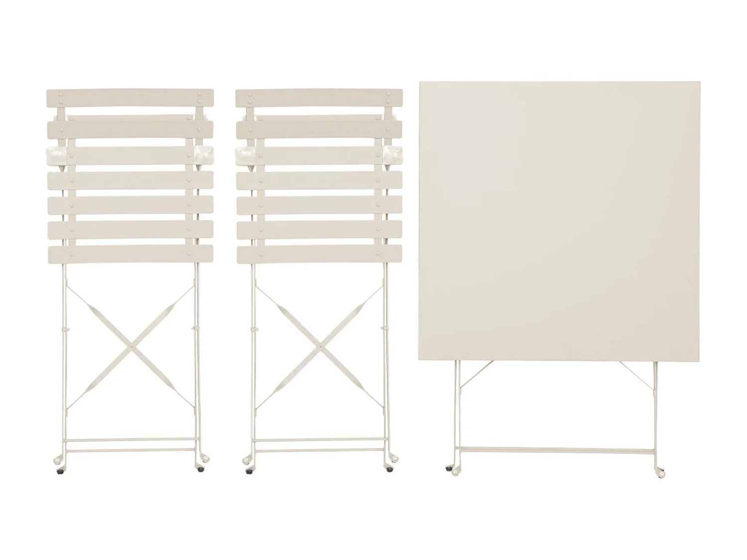 Table de jardin bistrot pliante métal + 2 assises beige 70 x 70cm. acier thermolaqué