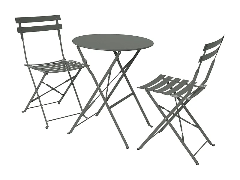 Mesa de jardín bistró plegable metal + 2 asientos verde kaki