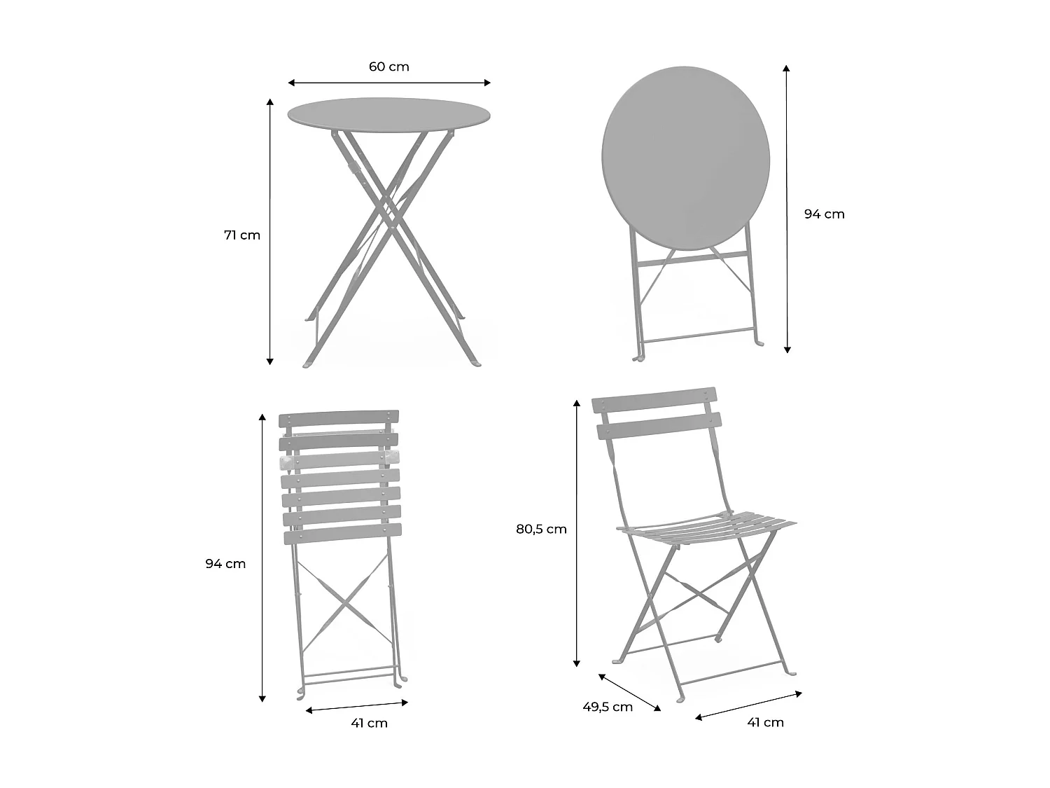 Table de jardin bistrot pliante métal + 2 assises kaki Ø60 x 70cm. acier thermolaqué