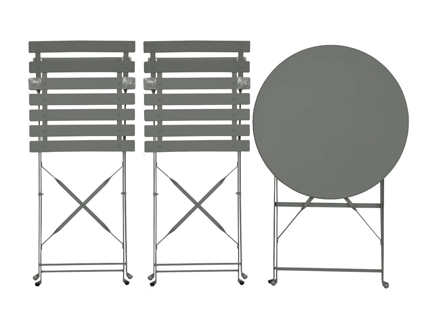 Table de jardin bistrot pliante métal + 2 assises kaki Ø60 x 70cm. acier thermolaqué