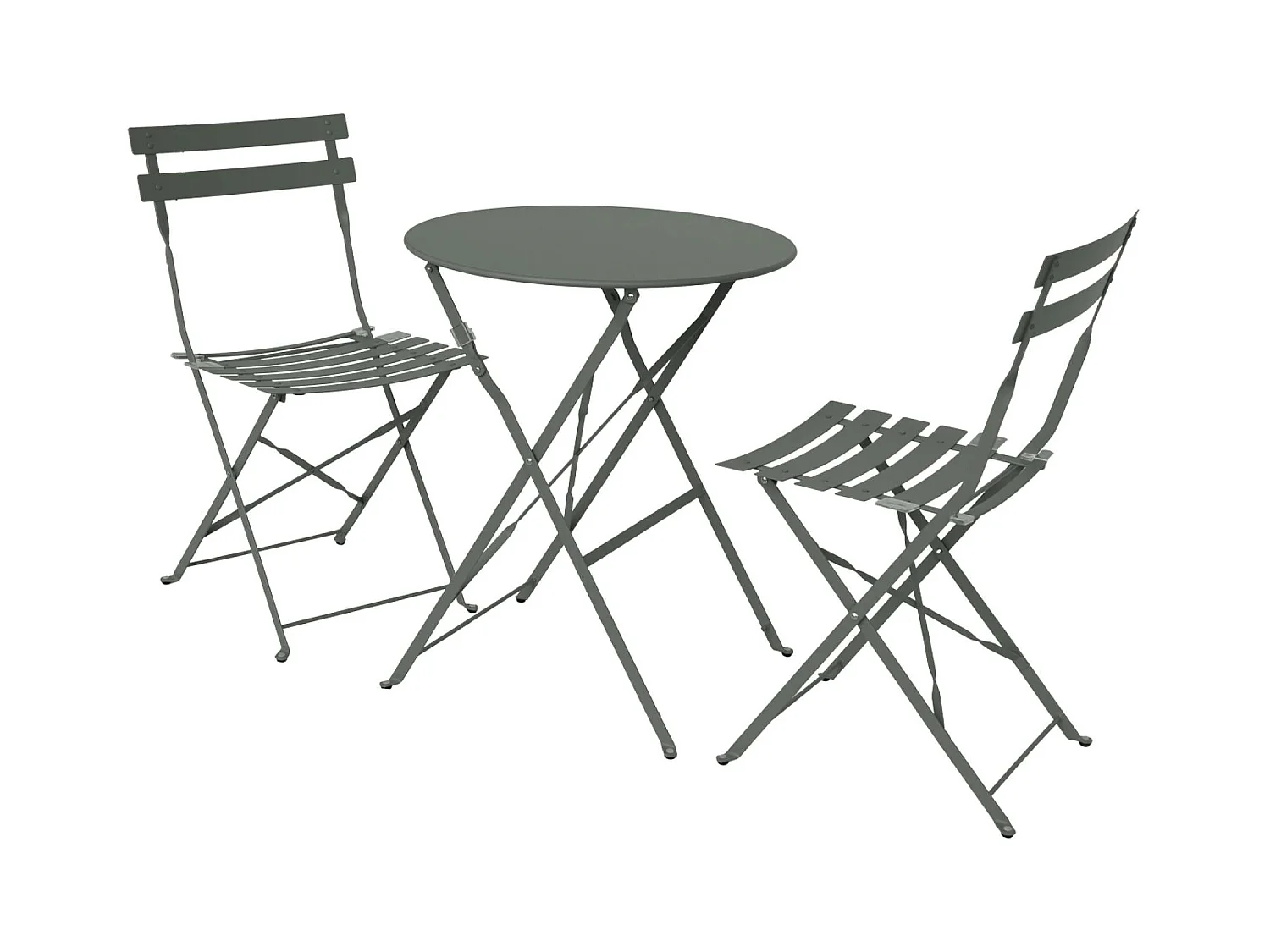 Table de jardin bistrot pliante métal + 2 assises kaki Ø60 x 70cm. acier thermolaqué
