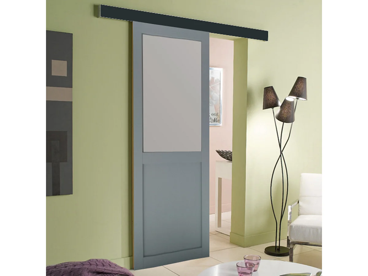 Porte Coulissante Athena Ral7035 Vitree H204 X L73 + Rail Alu Bandeau Noir Et Coquilles Noir Gd Menuiseries