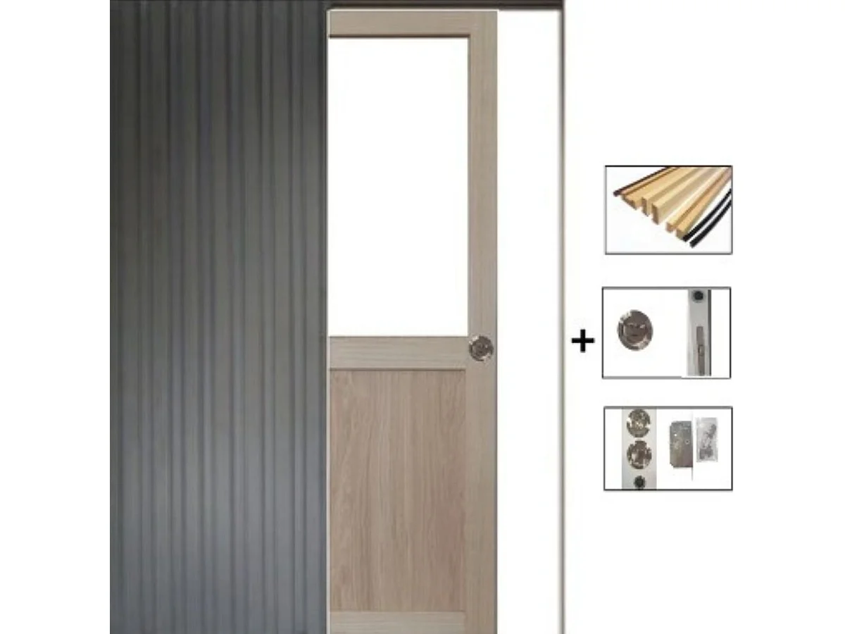 Porte Coulissante Atelier placage chene Vitree H204 x L73 + SYSTEME Galandage et kit finition inclus