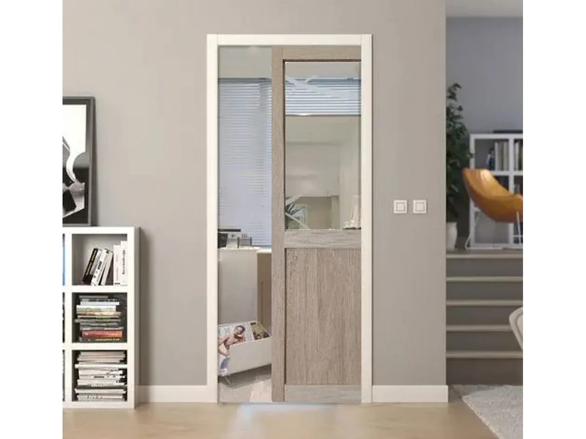 Porte Coulissante Atelier placage chene Vitree H204 x L73 + SYSTEME Galandage et kit finition inclus