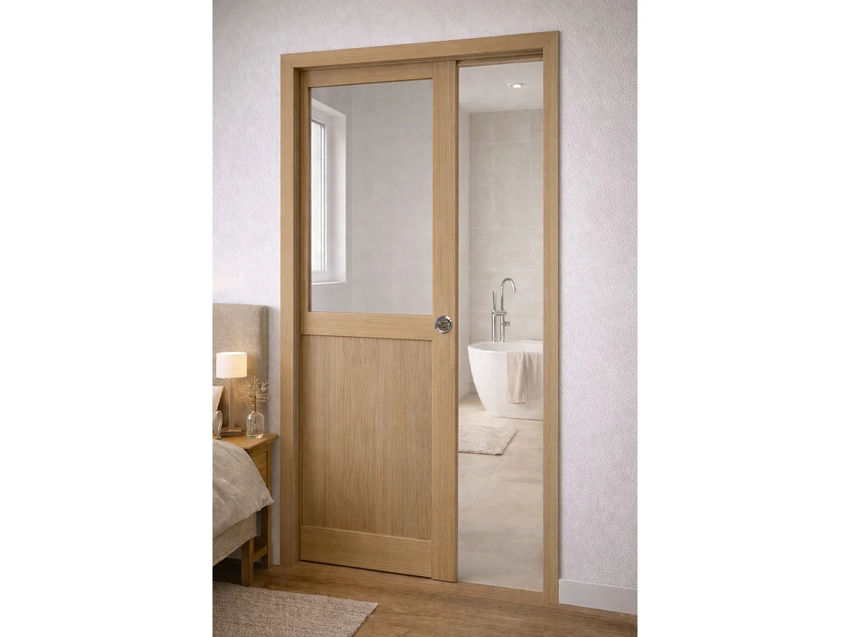 Porte Coulissante Atelier Placage Chene Vitrée H204 X L73 Cm, Galandage, Kit Finition Gd Menuiseries