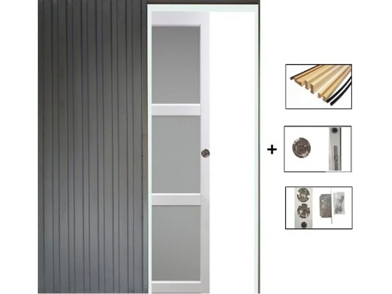 Porte Coulissante Kenya Blanc Vitree H204 X L93 + Systeme Galandage Et Kit Finition Inclus Gd Menuiseries