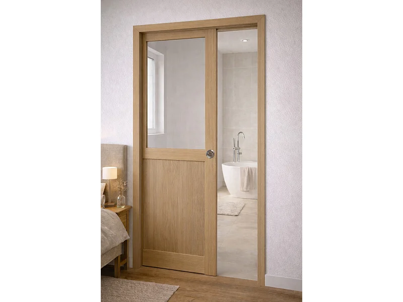 Porte Coulissante Atelier Placage Chene Vitrée H204 X L83, Galandage, Kit Finition Gd Menuiseries