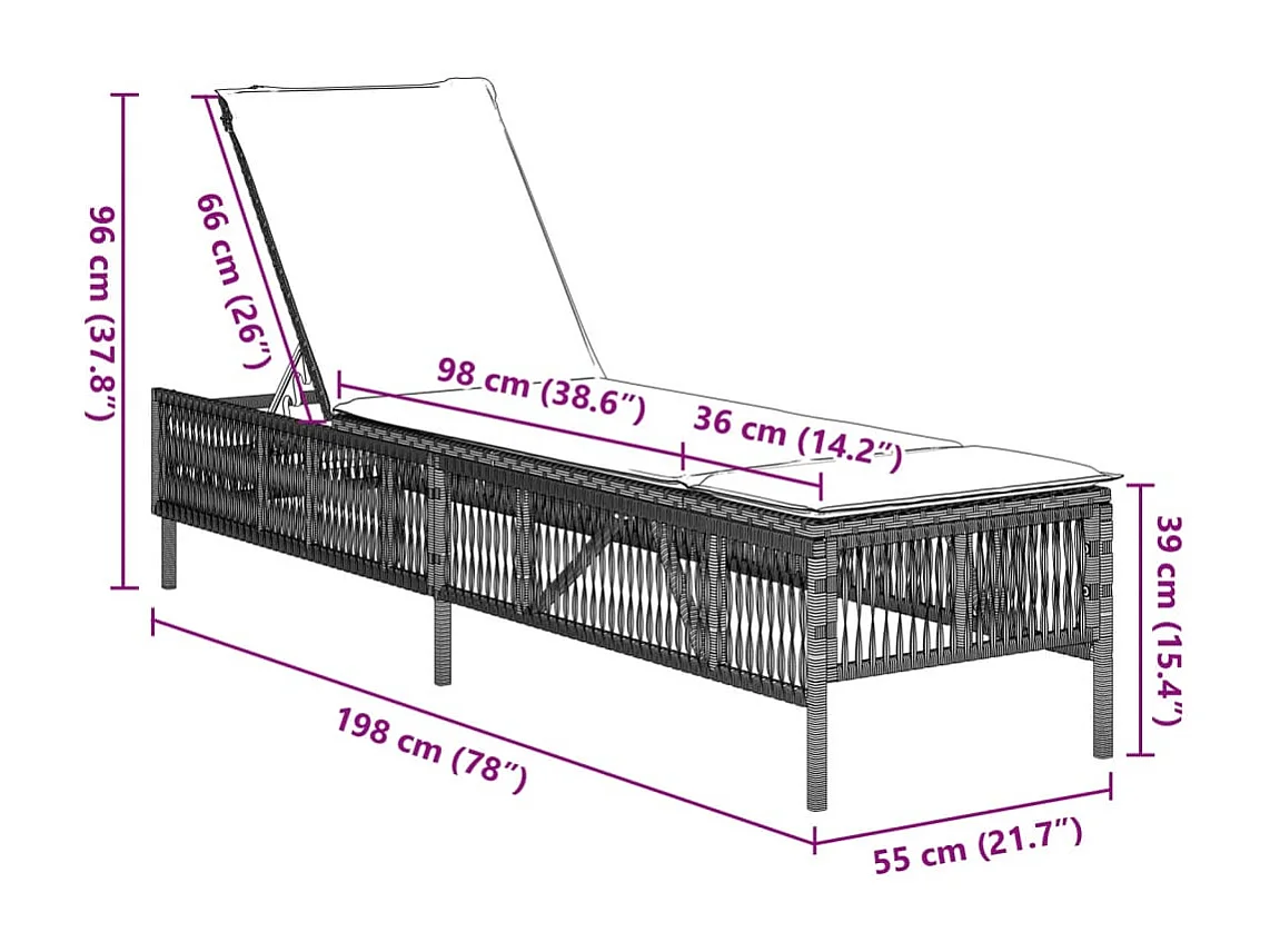 Ligbed met kussen poly rattan lichtgrijs