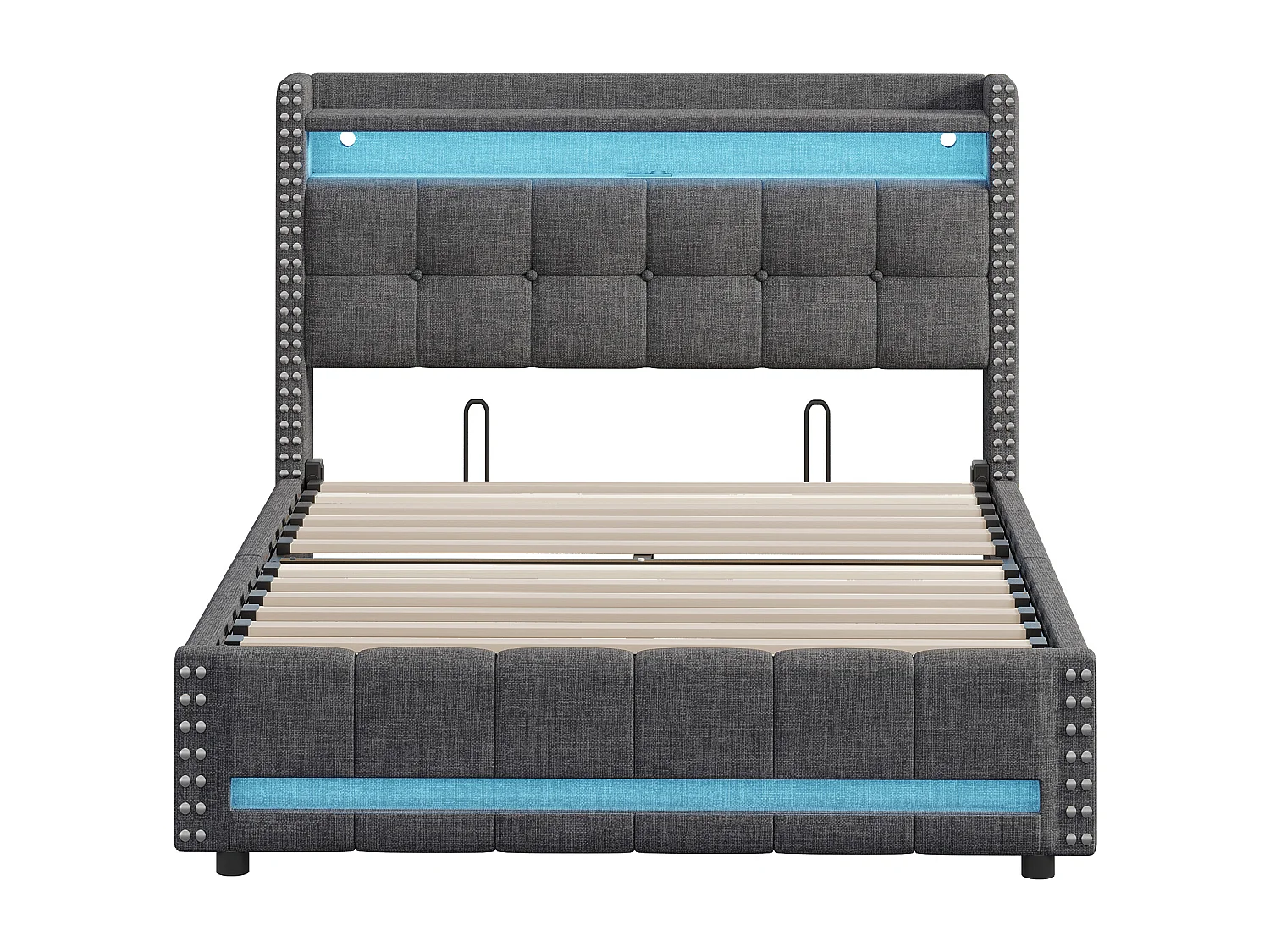 Lit adulte avec tiroirs 140x200cm en lin - avec LED & prise USB - avec sommier à lattes - Gris