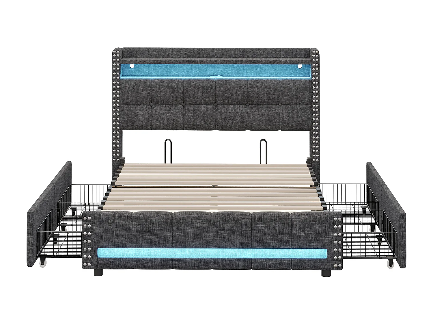 Lit adulte avec tiroirs 140x200cm en lin - avec LED & prise USB - avec sommier à lattes - Gris