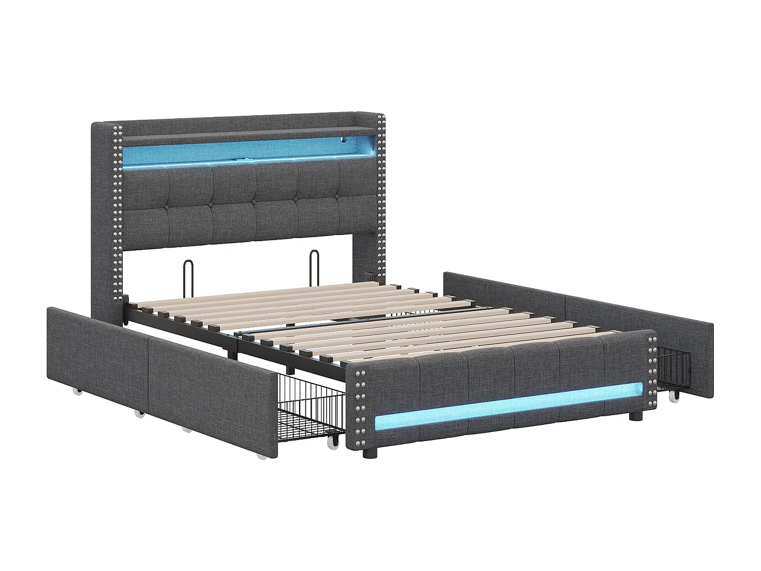 Lit adulte avec tiroirs 140x200cm en lin - avec LED & prise USB - avec sommier à lattes - Gris