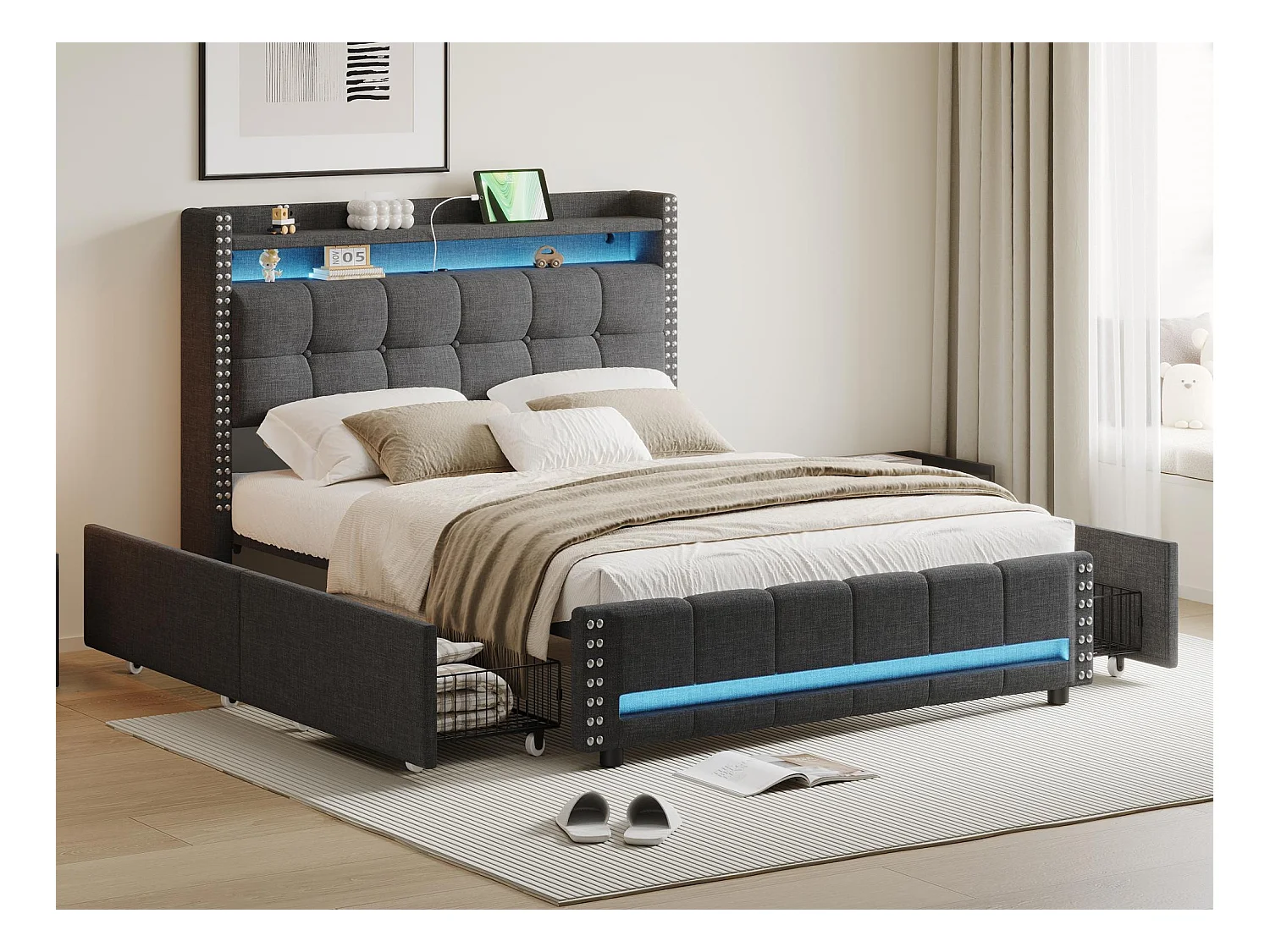 Lit adulte avec tiroirs 140x200cm en lin - avec LED & prise USB - avec sommier à lattes - Gris