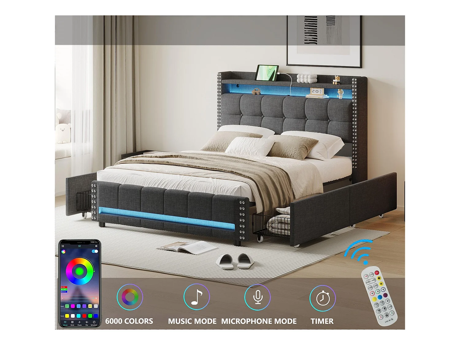 Volwassenenbed met lades 140x200cm in linnen - met LED & USB-aansluiting - met lattenbodem - Grijs