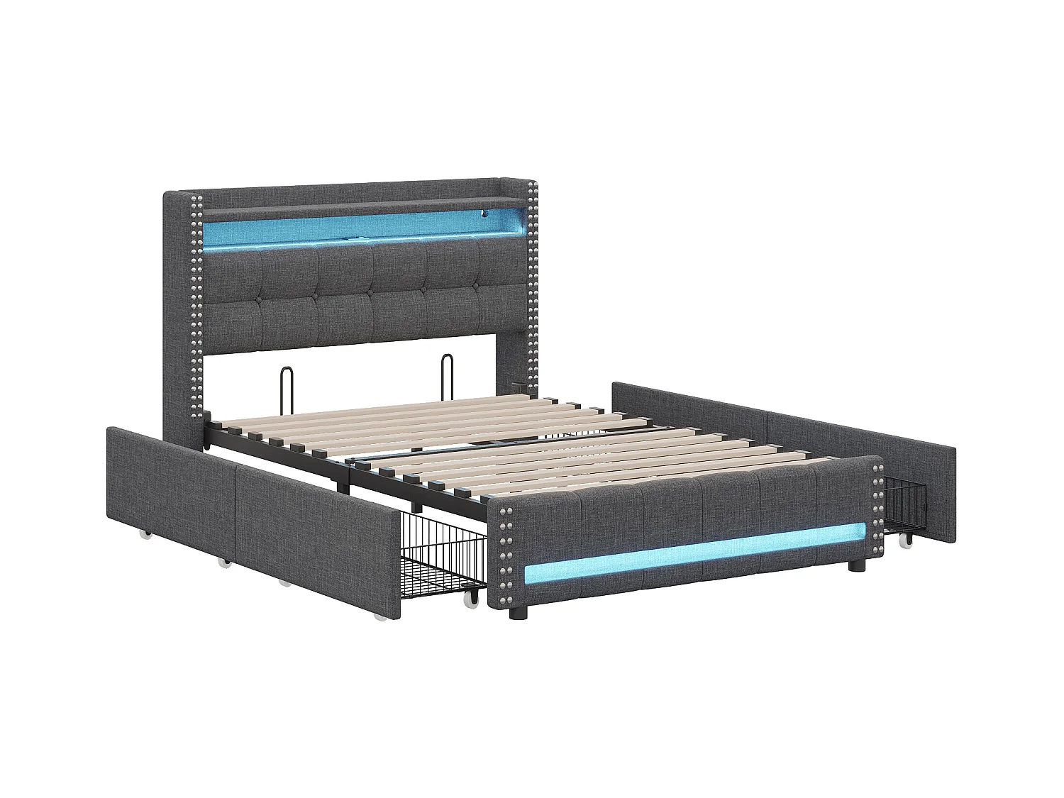 Volwassenenbed met lades 140x200cm in linnen - met LED & USB-aansluiting - met lattenbodem - Grijs