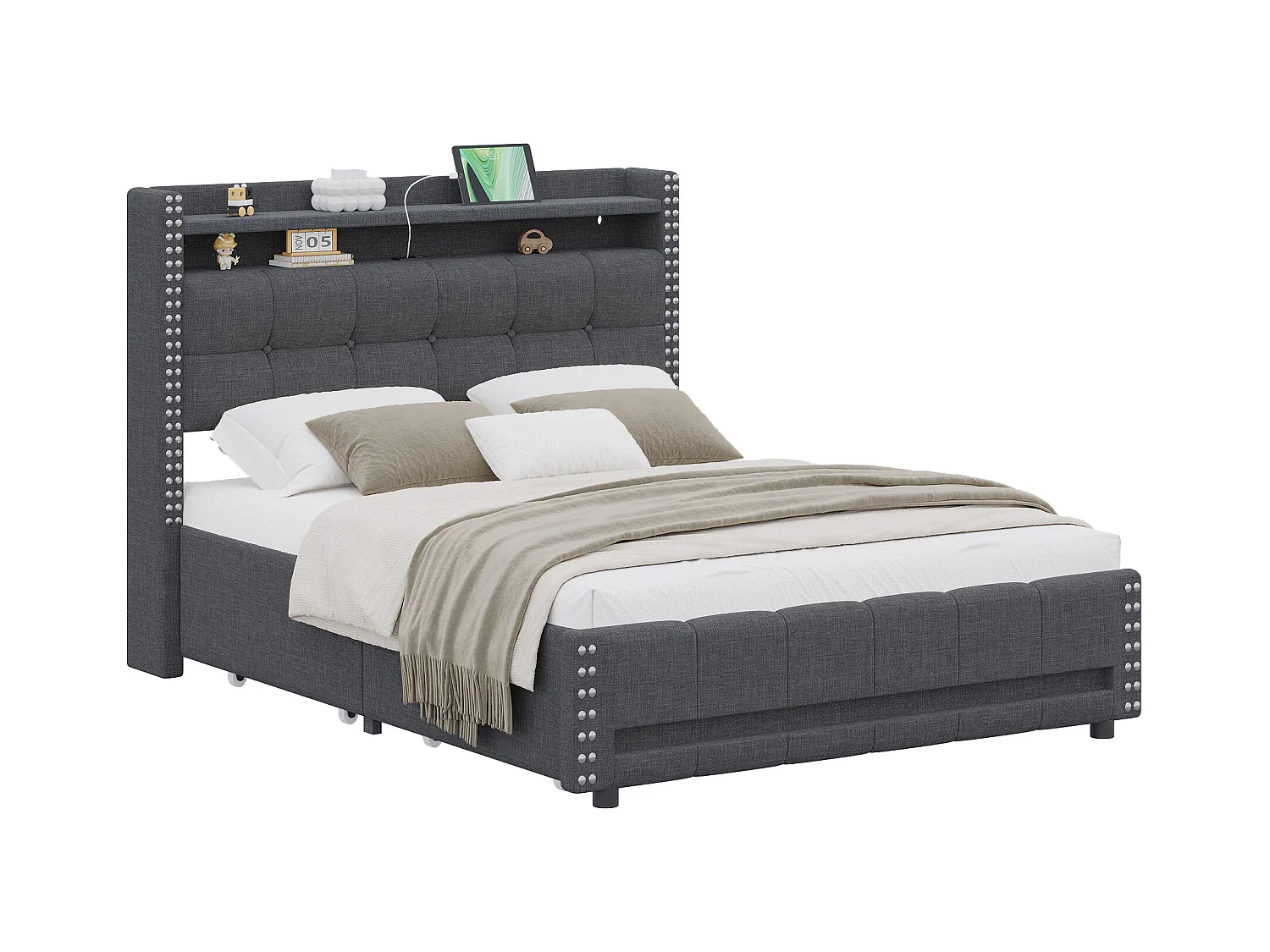 Volwassenenbed met lades 140x200cm in linnen - met LED & USB-aansluiting - met lattenbodem - Grijs