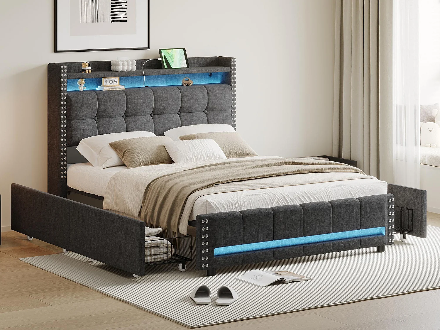 Lit adulte avec tiroirs 140x200cm en lin - avec LED & prise USB - avec sommier à lattes - Gris