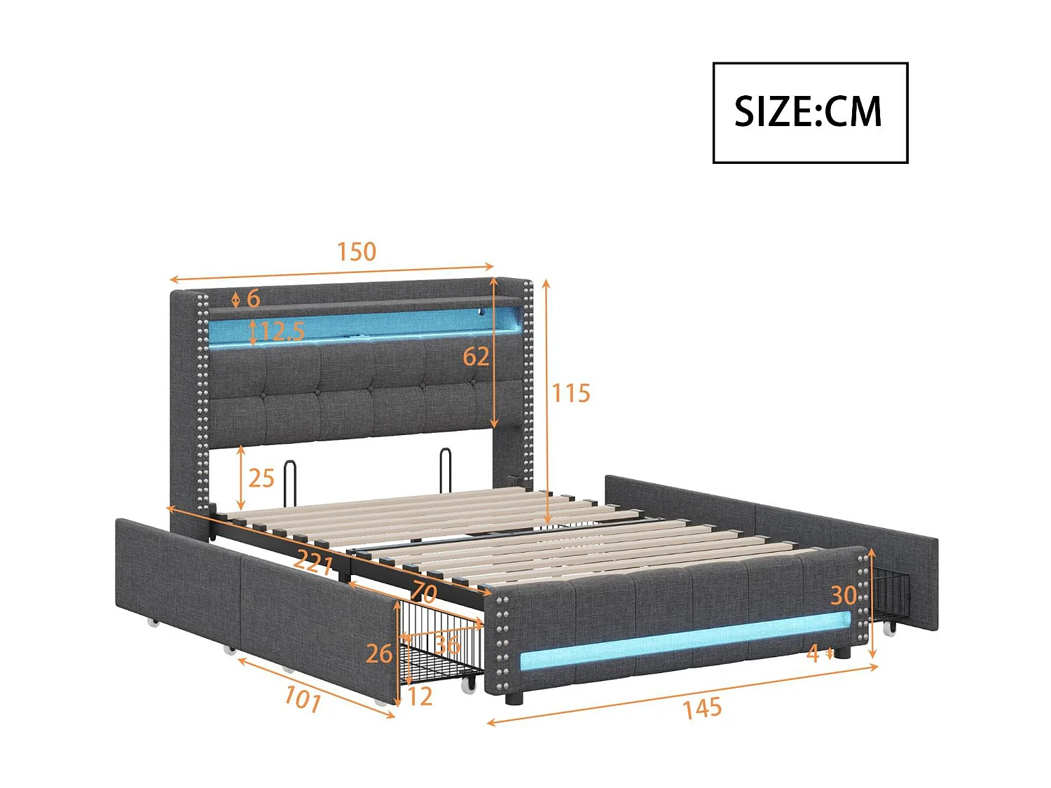 Lit adulte avec tiroirs 140x200cm en lin - avec LED & prise USB - avec sommier à lattes - Gris