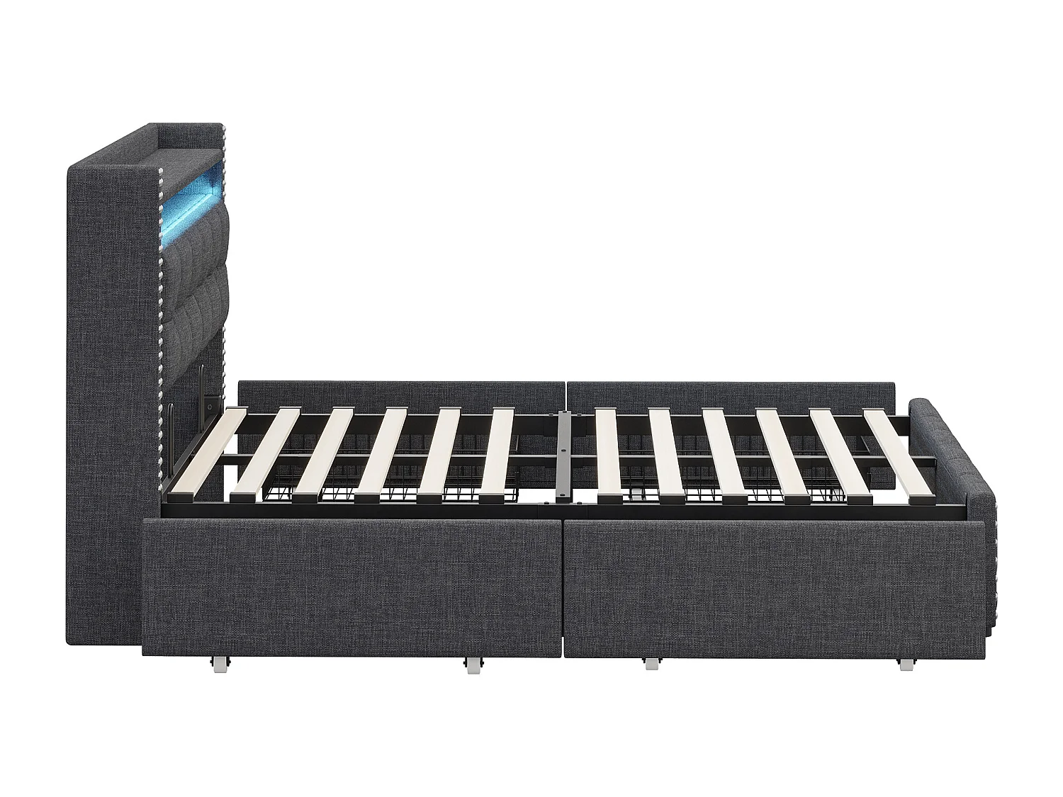 Lit adulte avec tiroirs 140x200cm en lin - avec LED & prise USB - avec sommier à lattes - Gris