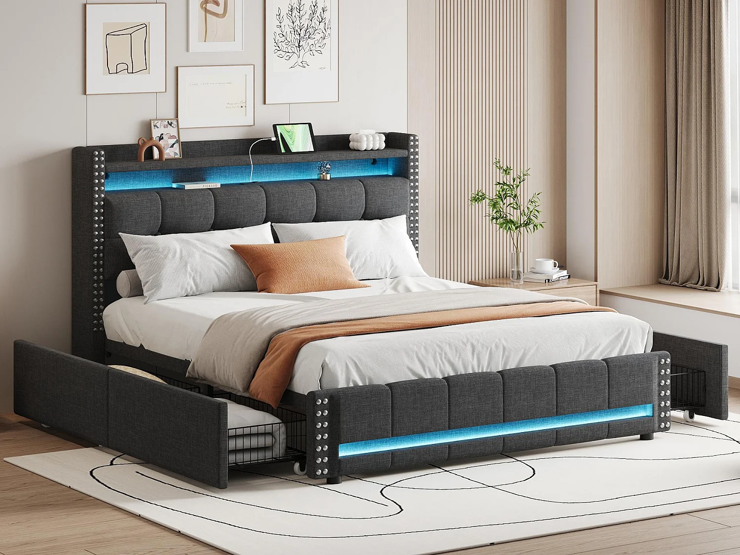 Lit adulte avec tiroirs 160x200cm en lin - avec LED & prise USB - avec sommier à lattes - Gris