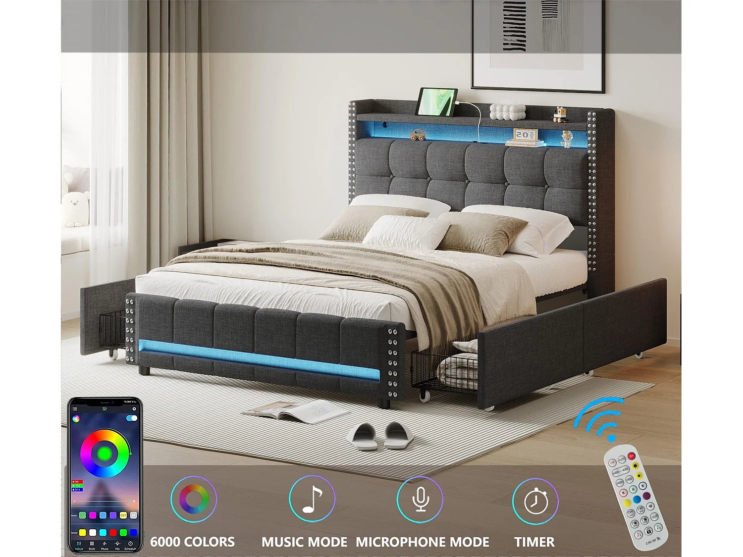 Lit adulte avec tiroirs 160x200cm en lin - avec LED & prise USB - avec sommier à lattes - Gris