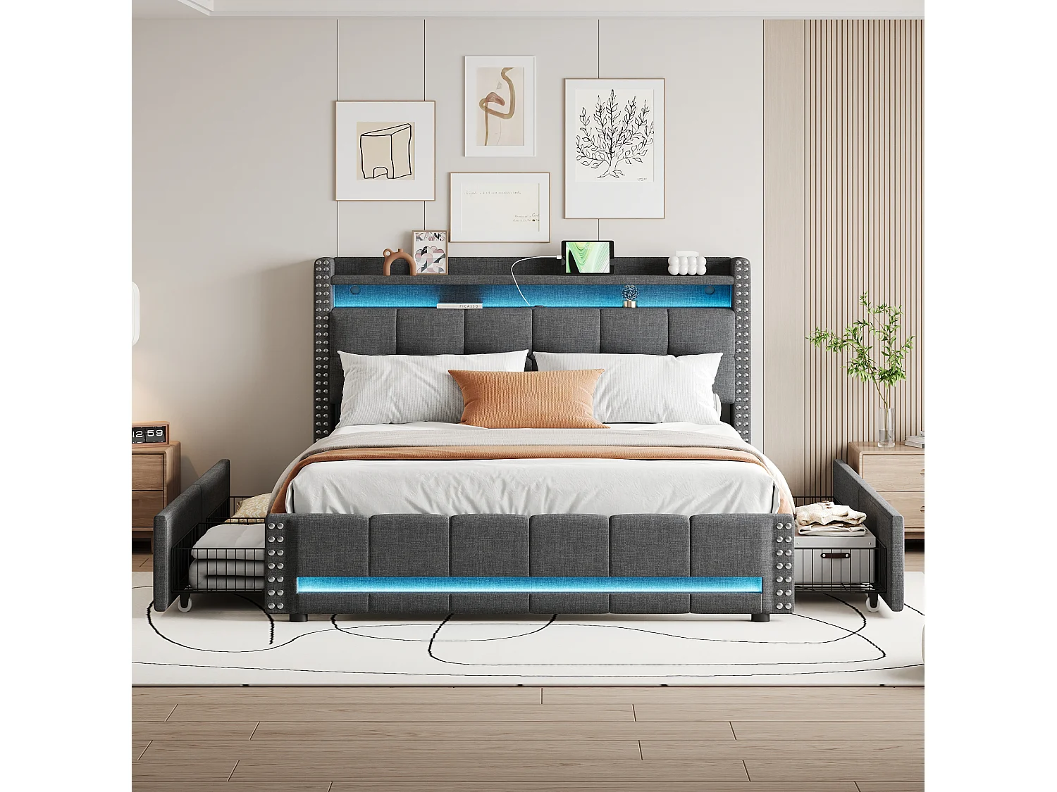 Lit adulte avec tiroirs 160x200cm en lin - avec LED & prise USB - avec sommier à lattes - Gris