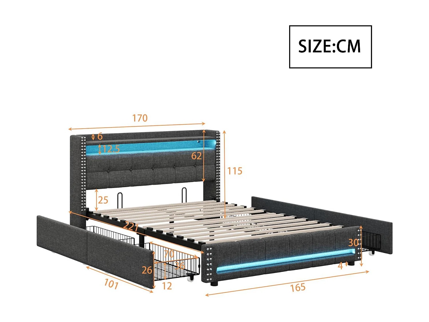 Lit adulte avec tiroirs 160x200cm en lin - avec LED & prise USB - avec sommier à lattes - Gris